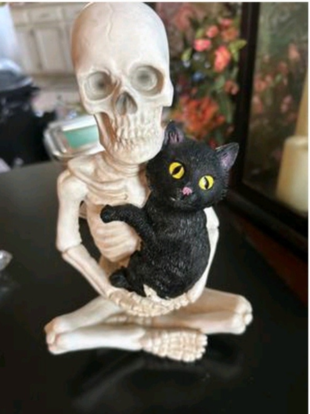 Brand New, Skeleton And Black Cat with Yellow Eyes Figurine -